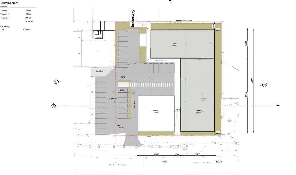 Development plan showing three tenancies, parking, breezeway and Ryan Avenue frontage.