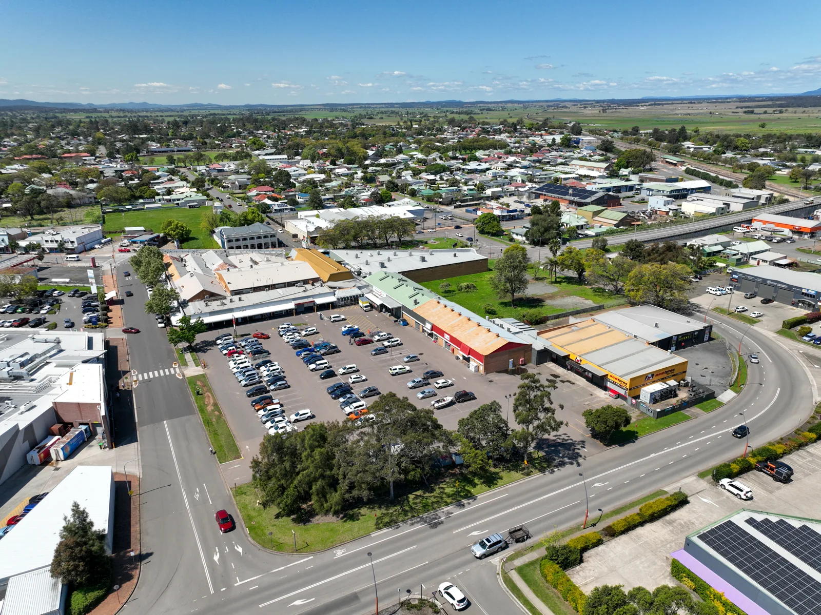 Aerial view of Singleton Plaza and the surrounding John Street town centre